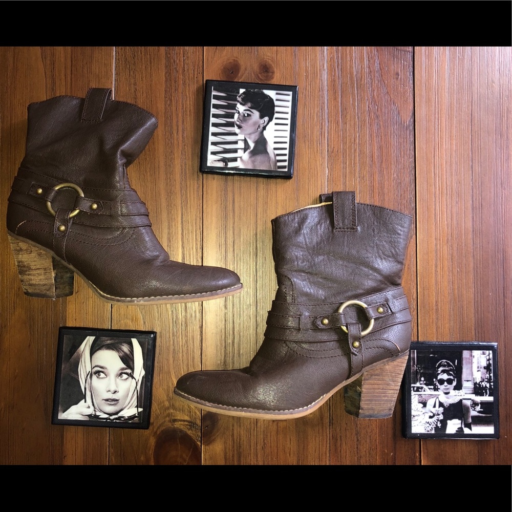 Guess Brown Cowboy Ankle Boots 8 Stacked Heel